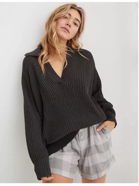 Aerie Sugar Rush Oversized Chunky Chenille Knit Collared Pullover Sweater Small